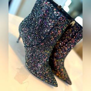 Schutz Ravel Pointed Toe Bootie, Glitter-Navy & Black , size 8B